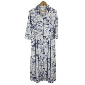 Calypso St Barth Maxi Shirt Dress Linen Button Front 3/4 Sleev White Blue Medium